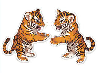 Obraz premium tiger cubs animal wildlife cute cartoon illustration playful happy baby animals orange fur stripes pet zoo nature graphic design children\'s art stickers fun exotic animals 