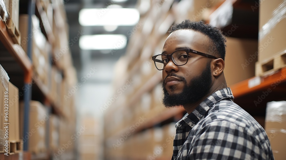 Poster African American person working to shipping box package by order in logistic warehouse black male work in delivery distribution job service in storage factory man checking good of indu : Generative AI