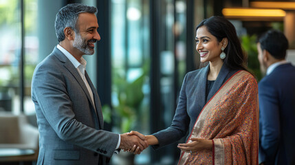 Two business executives exchange a friendly handshake in a corporate lobby