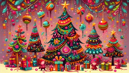 ilustracion de arboles de navidad escena nocturna