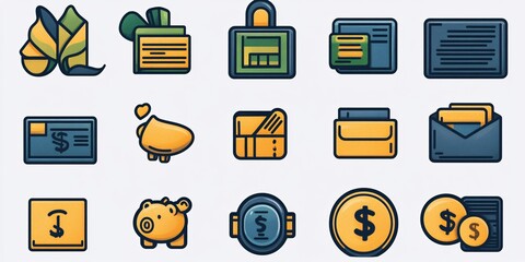 Set of financial icons representing money, savings, and banking services in flat design

