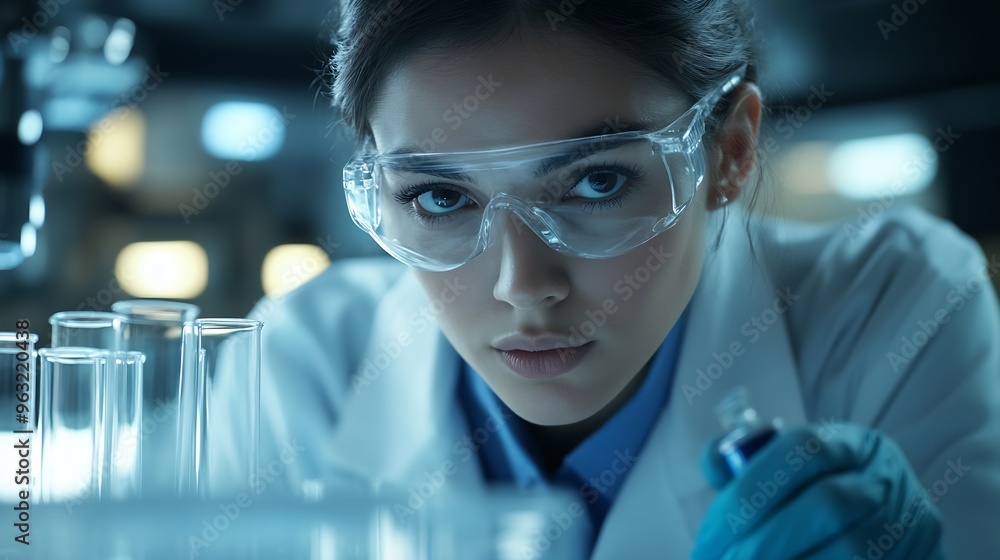 Poster female doctor working with test tube and experimental in laboratory medical and scientist concept : 