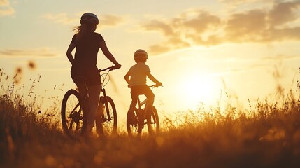Happy mother and son go in sports outdoors Boy rides bike in helmets mom runs on sunny day Silhouette family at sunset Fresh air Health care authenticity sense of balance and calmness : Generative AI