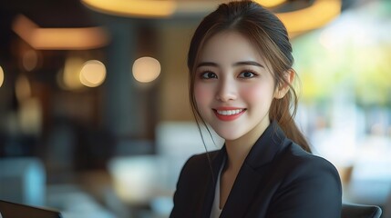 Naklejka premium Cheerful business woman working on laptop in office Asian happy beautiful businesswoman in formal suit work in workplace Attractive female employee office worker smile : Generative AI