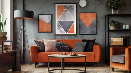 Geometric Poster in Grey Living Room with Orange Table