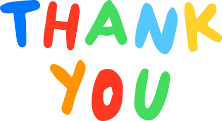 The word thank you is written by hand in multicolored letters, transparent background, flat style, handmade