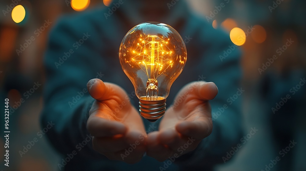 Fototapete hand man holding illuminated lightbulb idea innovation and inspiration with glowing virtual brain sm