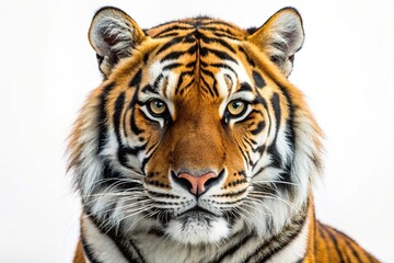A detailed close up of a majestic Bengal tiger against a white background illuminated by studio lights, whiskers, white background, nature, predator, animal, strength