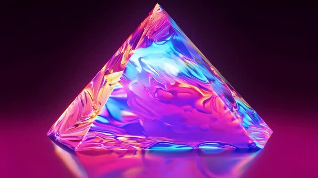 Realistic 3D animation of the abstract morphing liquid iridescent neon pink pyramid rendered in UHD with dark pink background
