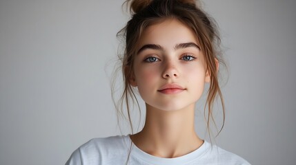 portrait of thinking teen girl in tshirt thinking teen girl express emotions : Generative AI