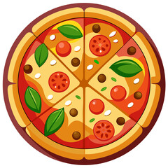 Obraz premium A Whole Round Pizza with Six Slices Topped with Tomato, Basil, Cheese, and Olives