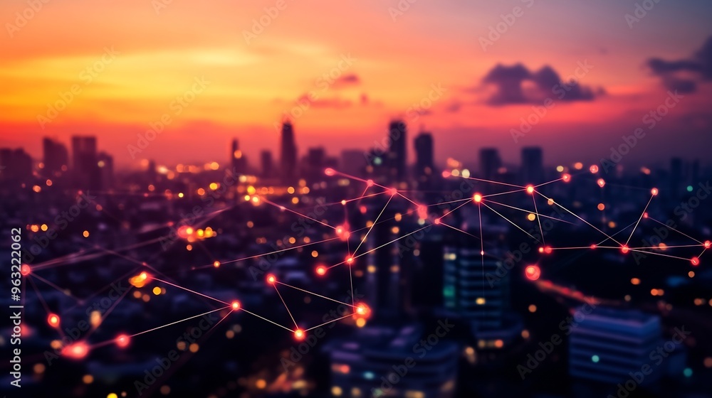 Poster Wireless network and Connection technology concept with Abstract buildings and city background : Generative AI