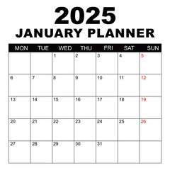 January 2025 Calendar. Week starts on Monday. Blank Calendar Template. Fits Letter Size Page. Stationery Design. Simple set calendar 2025. Monthly calendar template. Planner for 2025 year.