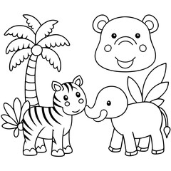 Elephant, zebra, and hippo on a jungle safari, 