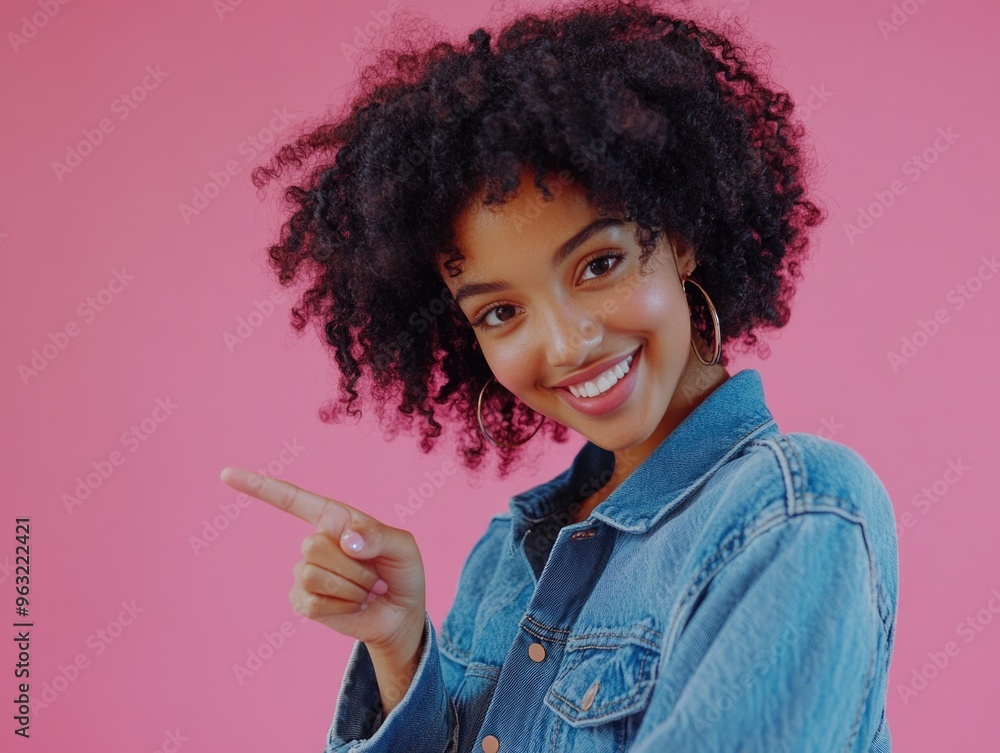 Wall mural Posing Girl in Blue Jeans with Pointing Index Finger