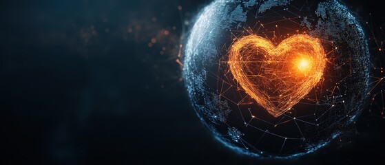 Glowing Heart Shape on Earth with Network Connections in Space - Global Love and Connectivity Concept
