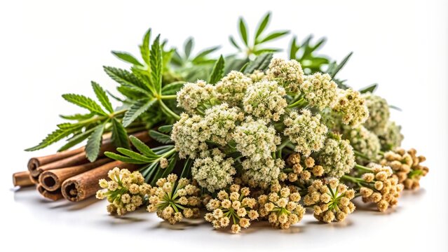 Chinese herb, traditional Chinese medicine, A detailed close up shot of Ligusticum sinense Oliv cv Chuanxiong Hort a traditional Chinese medicinal plant against a white background