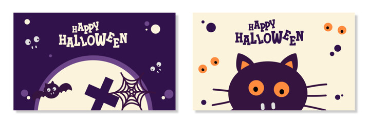 Set of halloween horizontal banner template with cute bat and cat cartoon elements on colorful background for greeting card, flyer,   poster, and promotion