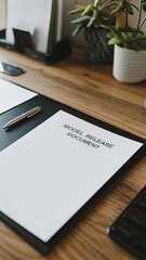 Document template with the title Model Release, a blank form lying on a wooden office desk. Vertical illustration in photorealism style for business