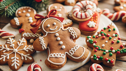 Christmas gingerbread cookies, festive, decorated with colorful icing and candy, capturing a joyful holiday spirit
