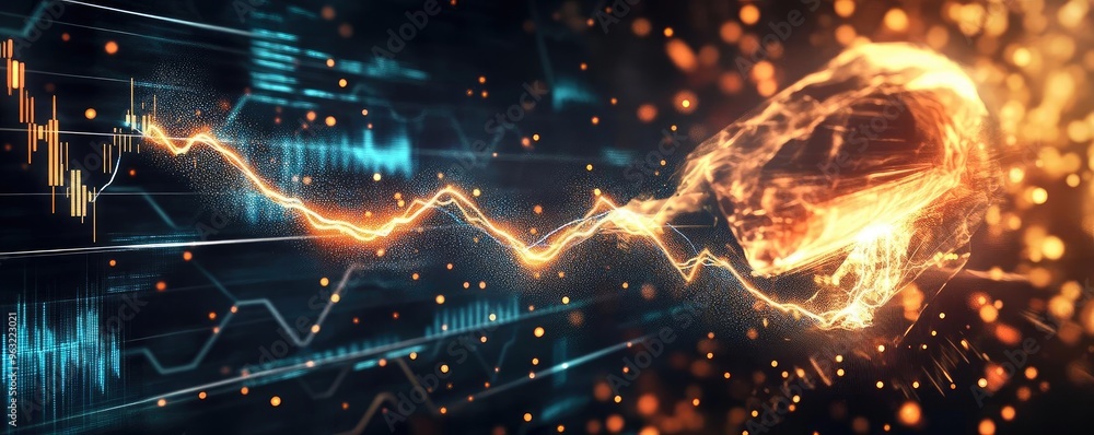 Poster dynamic abstract art representing energy, finance, and technology with glowing elements and wave pat