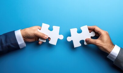 Two hands holding puzzle pieces that fit together. Concept of teamwork, collaboration, unity, and partnership.