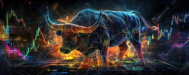 Fototapeta premium Dynamic bull symbolizing financial growth and market strength, surrounded by vibrant stock market data visualizations.