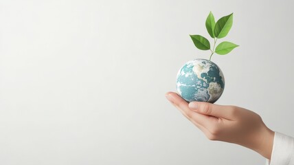 Hand Holding Small Globe with Green Plant Growing, Symbolizing Environmental Conservation and Sustainable Future