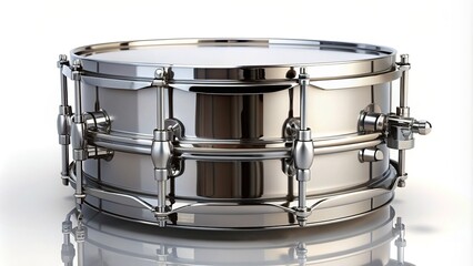 musician, chrome finish, instrument, orchestra, metal hoop, Snare drum with a sleek design and chrome finish standing isolated on a white background playing with forced perspective