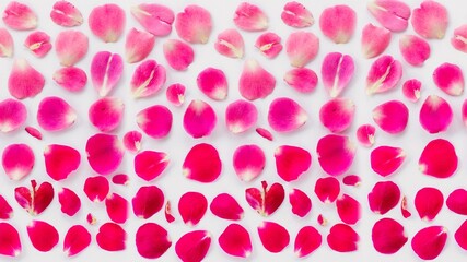 Rose petals of various shades of pink isolated on white background. Floral texture background design.