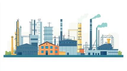 Obraz premium A cartoon illustration of an industrial complex with factories, smokestacks, and buildings.