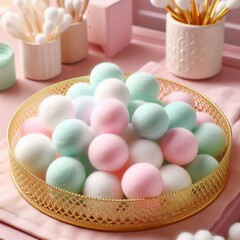 pastel colored facial cotton balls on a gold tray, on a pink dresser 