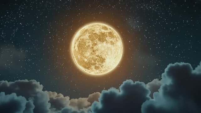A luminous full moon glows brilliantly in the night sky, surrounded by countless twinkling stars and partially framed by dark, billowing clouds - Powered by Adobe