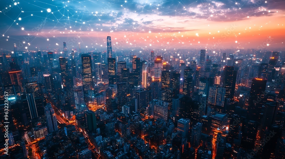 Poster modern cityscape and communication network concept telecommunication iot internet of things ict info