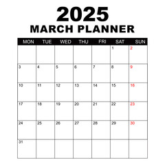 March 2025 Calendar. Week starts on Monday. Blank Calendar Template. Fits Letter Size Page. Stationery Design. Simple set calendar 2025. Monthly calendar template. Planner for 2025 year.
