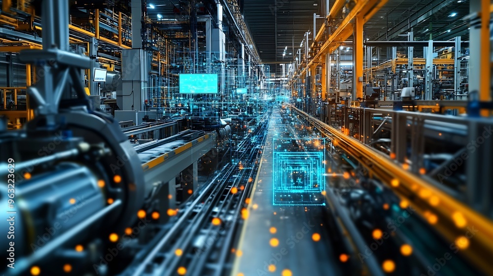 Poster Modern factory and communication network concept Telecommunication IoT Internet of Things ICT Information communication Technology 5G Smart factory Digital transformation : Generative AI