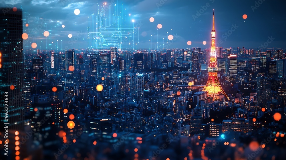 Poster 5G network digital hologram and internet of things on city background5G network wireless systems : Generative AI