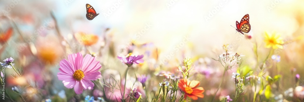 Fototapete butterflies flutter around a colorful bouquet of wildflowers in a sunlit meadow, creating a lively a