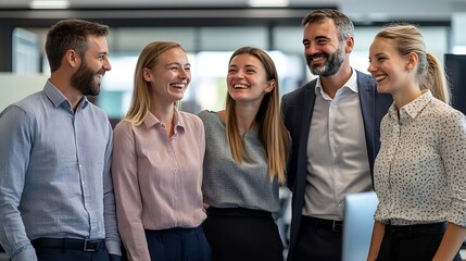 Fototapeta premium Successful business team laughing while standing together Group of tech professionals prepare to have a standup meeting in an office : Generative AI