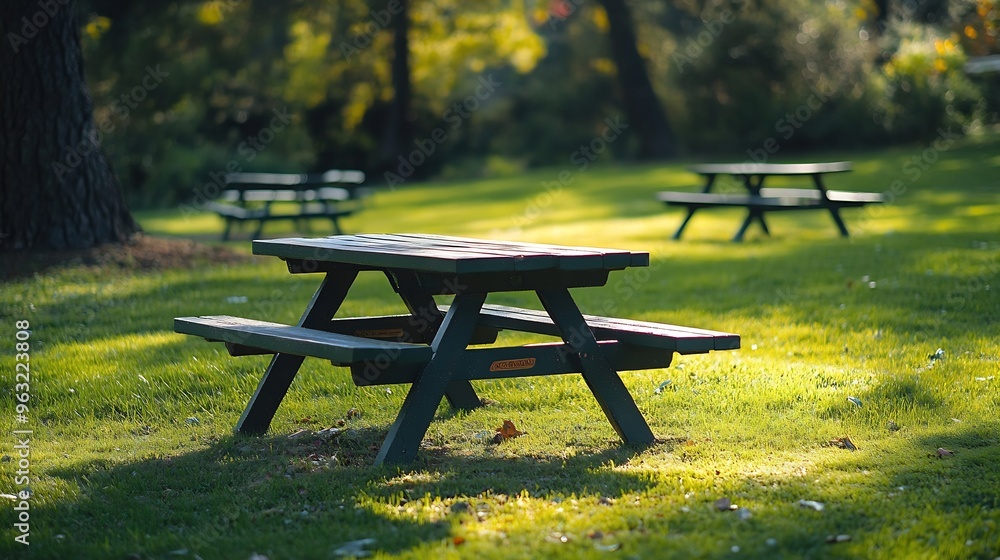Poster park picnic table bench rest relax outdoors benches and tables on green grass in recreational area :