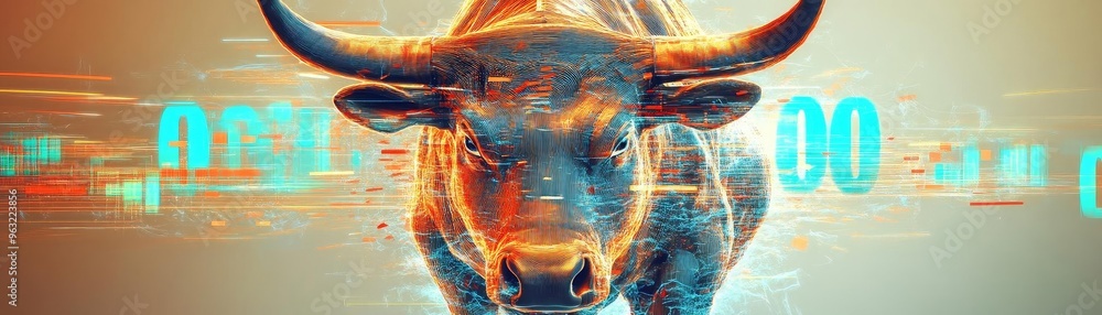 Poster dynamic digital artwork of a bull symbolizing strength and power in a tech-driven world, ideal for f
