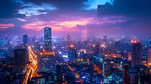 Banner smart city dot point connect with gradient line connection technology metaverse concept Bangkok city background at night with big data in Thailand Panorama view : Generative AI