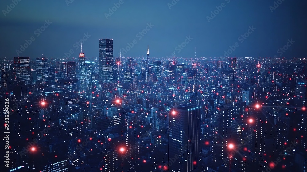 Aufkleber Telecommunication network above city wireless mobile internet technology for smart grid or 5G LTE data connection concept about IoT global business fintech blockchain : Generative AI
