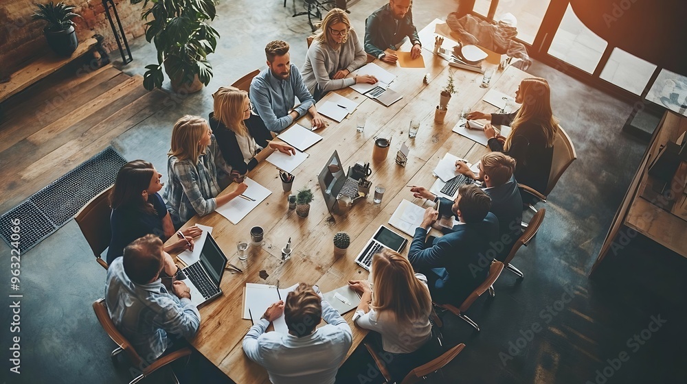 Aufkleber group of business people are gathered in a meeting room discussing and sharing ideas around a large 