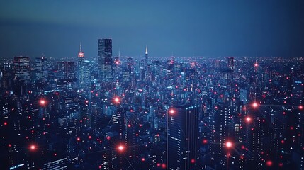 Telecommunication network above city wireless mobile internet technology for smart grid or 5G LTE data connection concept about IoT global business fintech blockchain : Generative AI