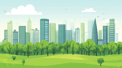 A lush green park with trees and a grassy field in front of a vibrant cityscape skyline.