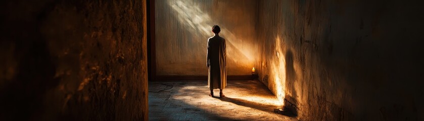 Solitary Figure in Dimly Lit Room with Dramatic Light Rays and Shadows