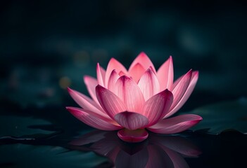 close up pink lotus flower on the water in the dark glowing bokeh