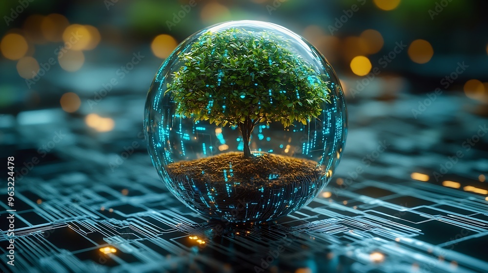Leinwandbilder tree growing on circuit digital ball digital and technology convergence blue light and wireframe net