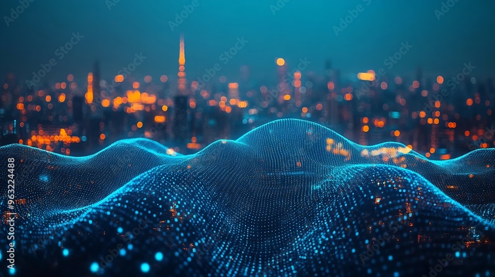 Poster smart city and big data connection technology concept with digital blue wavy wires with antennas on 